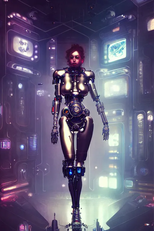 Image similar to ultra realistic, beautiful female cyborg in a crowded smoky cyberpunk club in space megalopolis, sci - fi, intricate details, eerie, highly detailed, octane render, 8 k, art by artgerm and alphonse mucha and greg rutkowski