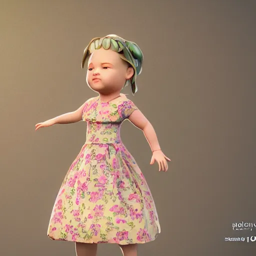 Image similar to the little fat girl is modelling to the camera. flowery dress. wire frame on mesh. 3 d zbrush model. beautiful hands and legs. subsurface scattering shiny skin. beautiful lighting, 4 k post - processing, trending in art station, cg society, highly detailed, 5 k extremely detailed, 3 d. cinematic scene. sharp image