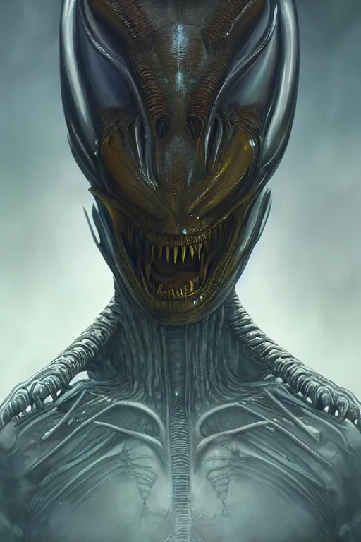 Prompt: Alien Queen full length portrait, evening, detailed matte painting, Giger, Artstation