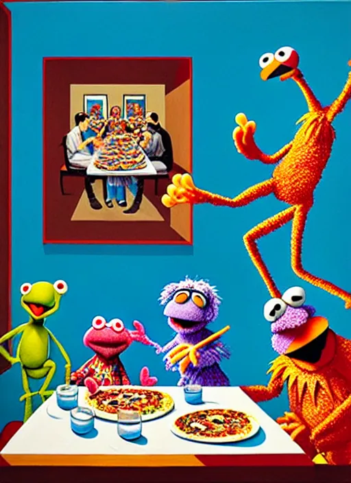 Prompt: hyper detailed painting of an muppet family in japanese clothes in an old italian restaurant eating flamingo pizza and drinking blue wine by Bel Fullana, Rhys Lee, Storm Thorgerson, and Danny Fox, neo expressionism art, semi naive, rich deep colors. Allison Schulnik painting, part by Adrian Ghenie and Gottfried Helnwein. art by Ron Mueck. masterpiece