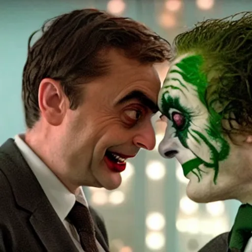 Image similar to romance scene of mr. bean and the joker making out in batman vs bean, elon musk cast as the joker, 2 0 2 0