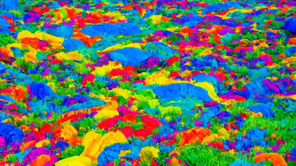 Prompt: a photograph of a crazy unexpected landscape, bright colors, detailed