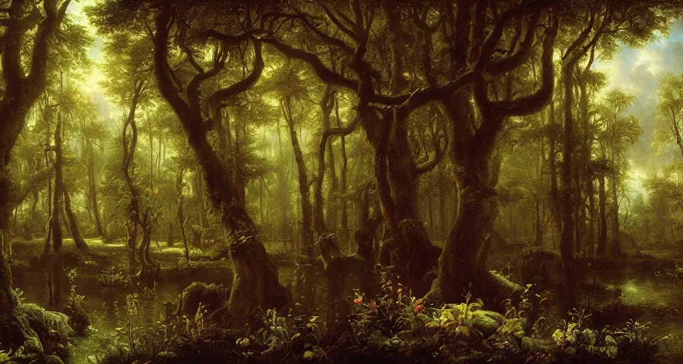 Prompt: A dense and dark enchanted forest with a swamp, by Guillaume Seignac