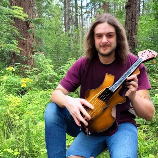 Image similar to a photo of a young man with long hair playing mandolin in the wilderness