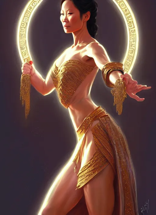 Image similar to lucy liu as greek goddess, intricate, elegant, glowing lights, highly detailed, digital painting, artstation, full figure, glamor pose, concept art, smooth, sharp focus, illustration, art by artgerm and greg rutkowski, artey freytag