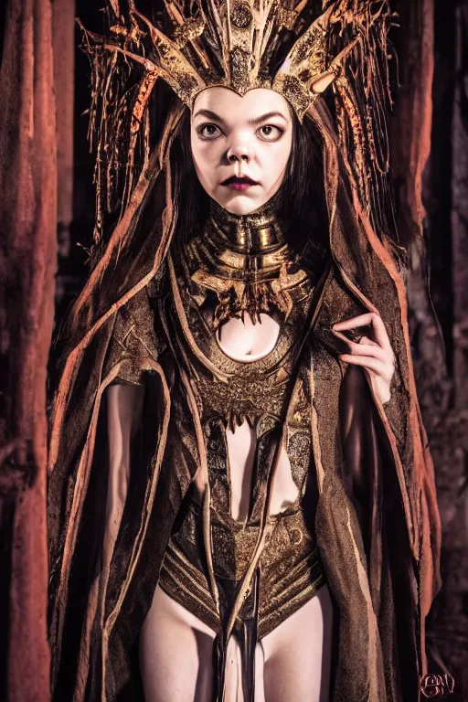 Prompt: dressed anya taylor - joy as a queen of senobith, symmetrical, cinematic, elegant, demonic atmosphere, professional studio light, real dlsr photography, sharp focus, costume made by clive barker, real rotten flesh and blood, 4 k, ultra hd, sense of awe