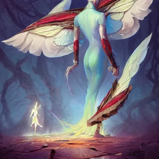 Image similar to a fairy, symmetrical wings made of pizza slices, style of by Jordan Grimmer and greg rutkowski, crisp lines and color,