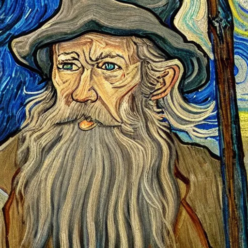 Image similar to A painting of Gandalf the Grey, painting, van gogh art style