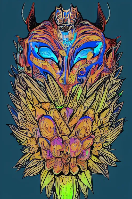 Image similar to animal mask totem roots flower tribal feather gemstone plant wood rock shaman vodoo video game vector cutout illustration vivid multicolor borderlands comics by josan gonzales and dan mumford radiating a glowing aura