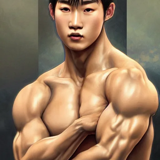 Prompt: a korean bodybuilder college boy, bokeh, beautiful face!!!!, 2 3 years old, cg animation, lifelike, animated, realistic, character select portrait, by artgerm, greg rutkowski, alphonse mucha, 3 d