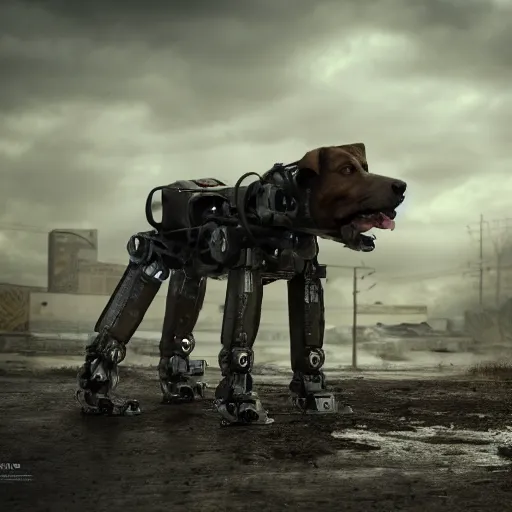 Image similar to A rundown large Dog robot, uncaring, bleak tone, post apocalyptic, Nuttavut Baiphowongse, Mark Armstron, amad, rendered by octane, 8k, ultra 8k, hyper realistic, photorealistic, photo