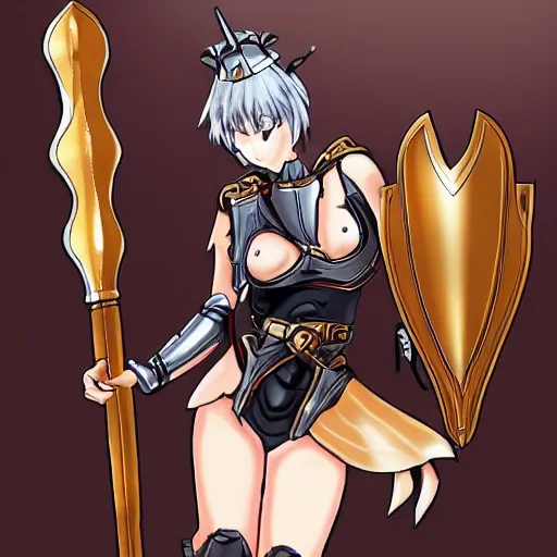 Prompt: knight woman with big bra, brass armor in anime style