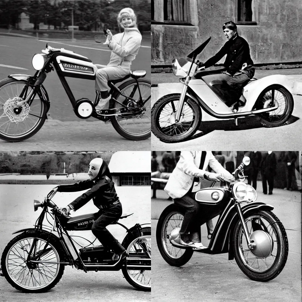 Prompt: the first electric motorcycle, photo from the 60s