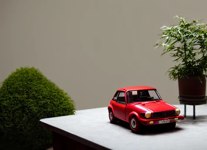 Image similar to a small miniature of a red Datsun 1200 on a white table near a book and a vase with a plant, 3d render, octane render, unreal engine 5, path tracing, serene landscape, calm, relaxing, beautiful landscape, highly detailed, high quality, 4k, symmetrical, low contrast