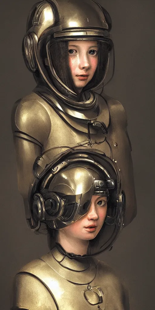 Prompt: baroque portrait of the girl wearing a cybernetic helmet. futuristic cyberpunk. full body. rembrandt lighting. photorealistic. high details.
