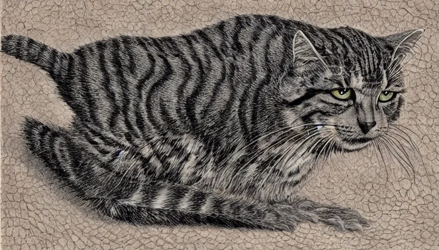 Image similar to bernie wrightson tabby cat morphed with alligator skin swimming pool veterinary diagram optical illusion