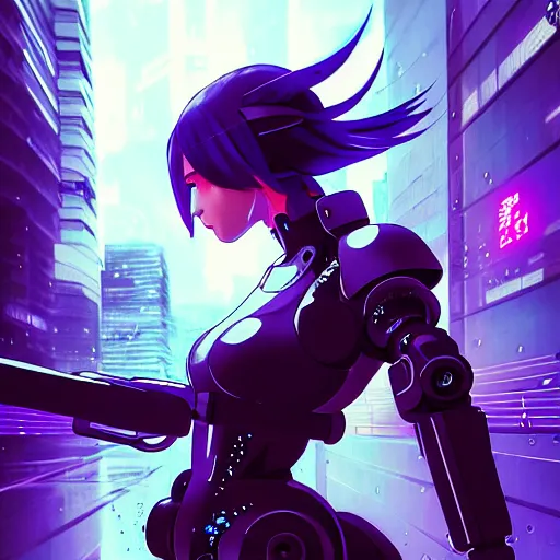 Image similar to cyberpunk anime art, refractions on lens, beautiful cyborg girl fighting a mech in the style of arcane, full round face, biomechanical details, full body shot, rain, wet street, window reflections, lens flare, wlop, ilya kuvshinov, artgerm, krenz cushart, greg rutkowski