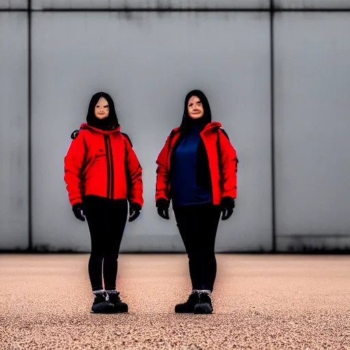 Prompt: photographic portrait of 2 techwear women in front of a brutalist metal building, on a desolate plain, red sky, sigma 8 5 mm f / 1. 4, 4 k, depth of field, high resolution, 4 k, 8 k, hd, full color