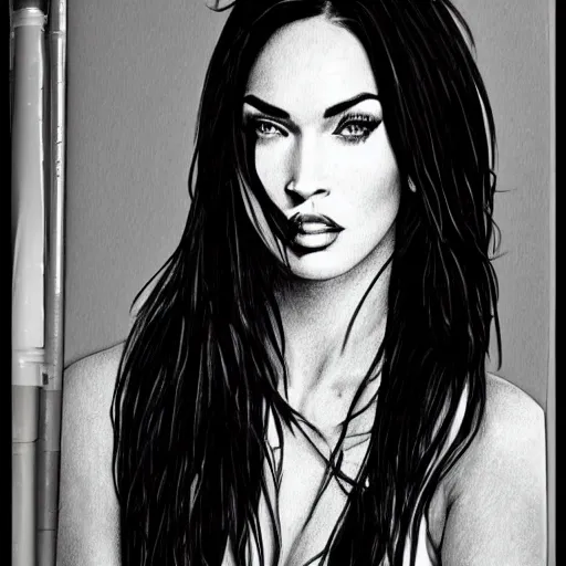 Image similar to megan fox portrait, hyper - realistic black and white drawing, hyper detailed, in the style of den yakovelv