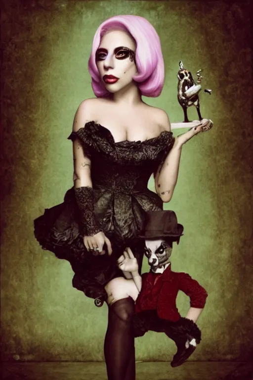 Prompt: lady gaga with bunny, lowbrow, matte painting, 3 d highly detailed, in the style of mark ryden