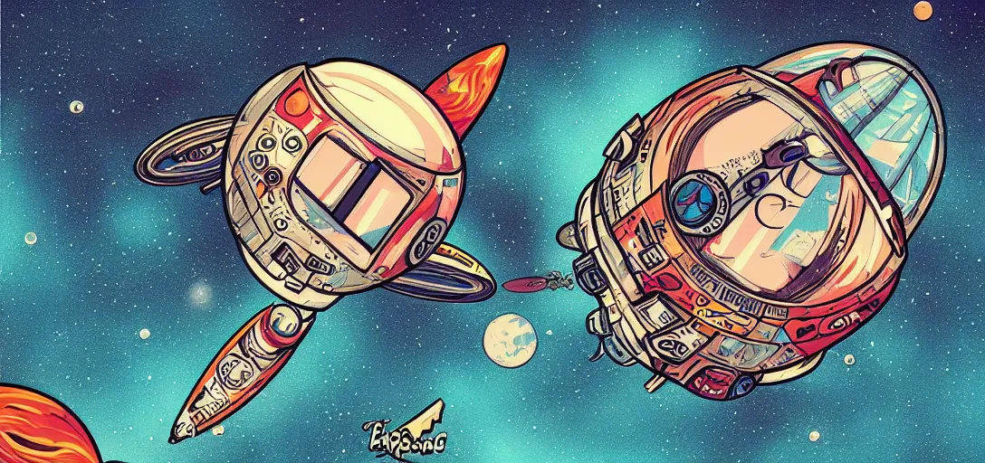 Image similar to Space capsule above the sky in the graphic style of Tim Shumate, detailed art, trending on Artstation, sharp focus, comic art