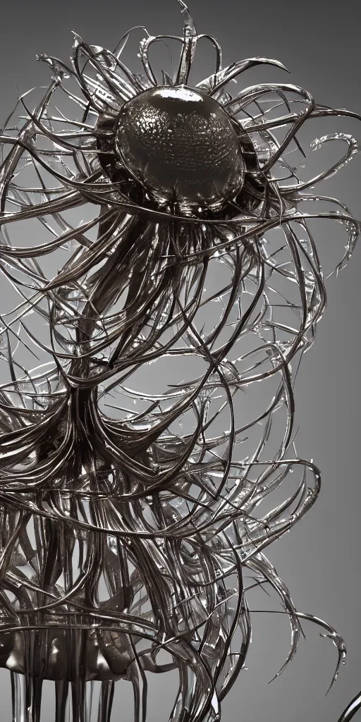 Image similar to a photorealistic render of a metallic neotribal jellyfish sculpture, with thorns, made of liquid metal, c 4 d, by zhelong xu and ernst haeckel, wide angle, hyper realistic, plain background, 8 k, volumetric lightning, octane render