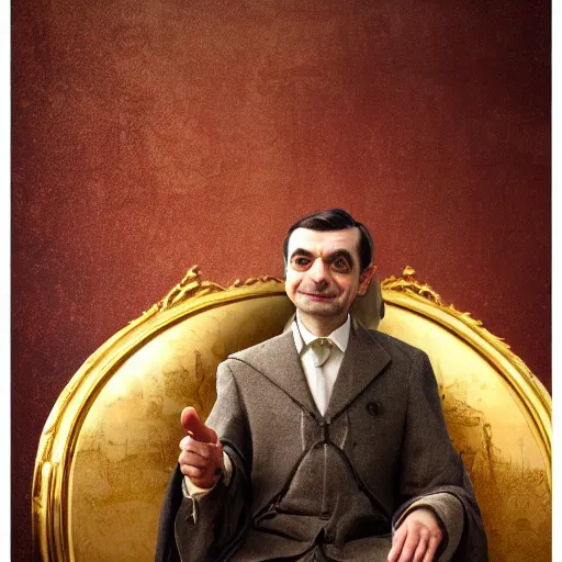 Image similar to A portrait of Mr. Bean depicted as a medieval king on throne, close up shot, atmospheric lighting, painted, intricate, volumetric lighting, beautiful, rich deep colours masterpiece, golden hour, sharp focus, ultra detailed, by Leesha Hannigan, Ross Tran, Thierry Doizon, Kai Carpenter, Ignacio Fernández Ríos