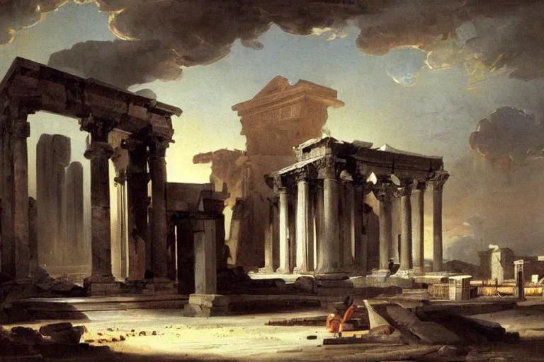 Image similar to painting spaceship crashed into rome temple by hubert robert detailed