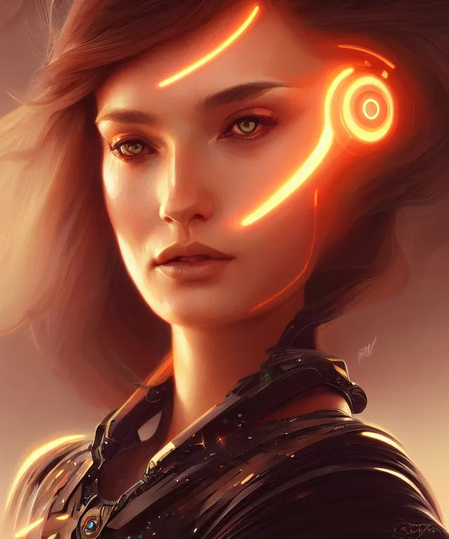 Image similar to futuristic woman portrait, sci-fi, amber eyes, face, long hair, fantasy, intricate, elegant, highly detailed, digital painting, artstation, concept art, smooth, sharp focus, illustration, art by artgerm and greg rutkowski and alphonse mucha