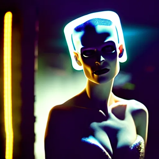 Image similar to cinematic portrait of model kristen mcmenamy as bride of frankenstein as a replicant in a busy nightclub, frightened and angry, still from the movie ex machina, fashion photography, a neon sign is in the background, 8 k, high detail, face in focus