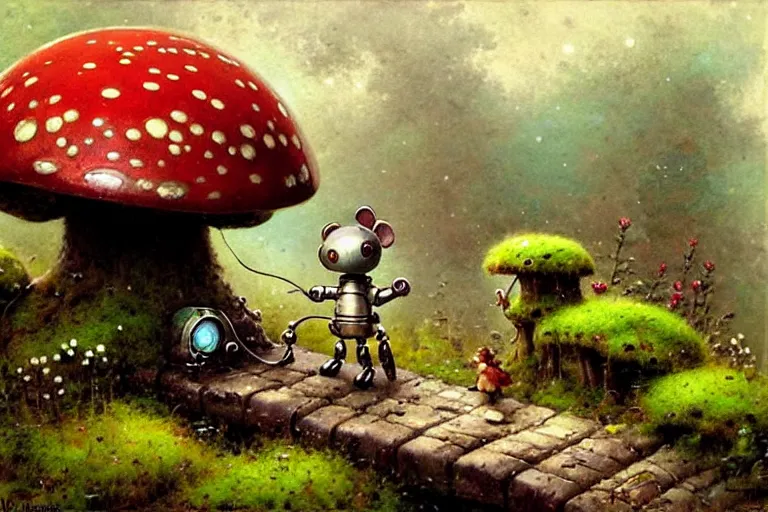 Prompt: adventurer ( ( ( ( ( 1 9 5 0 s retro future robot android mouse in forrest of giant mushrooms, moss and flowers stone bridge. muted colors. ) ) ) ) ) by jean baptiste monge!!!!!!!!!!!!!!!!!!!!!!!!! chrome red