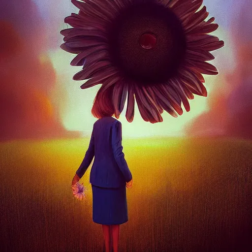 Image similar to giant daisy flower head, frontal, girl in a suit standing on street, surreal photography, sunrise, dramatic light, impressionist painting, digital painting, artstation, simon stalenhag