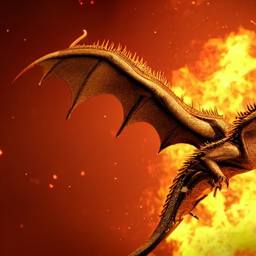 Prompt: gold-scale dragon flying through dark night sky, shooting flames that scatter like lightning, cinematic, hyper realism, high detail, octane render, 8k