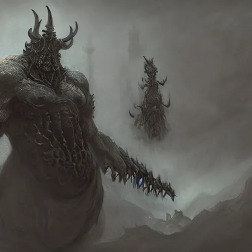 Image similar to concept art of bowser gigantic and demonic with huge horns and scales and talons, resident evil, horror, a painting by beksinski, by ruan jia, by austin osman spare, symbolist painting, mist, volumetric render, digital painting, detailed painting, occult