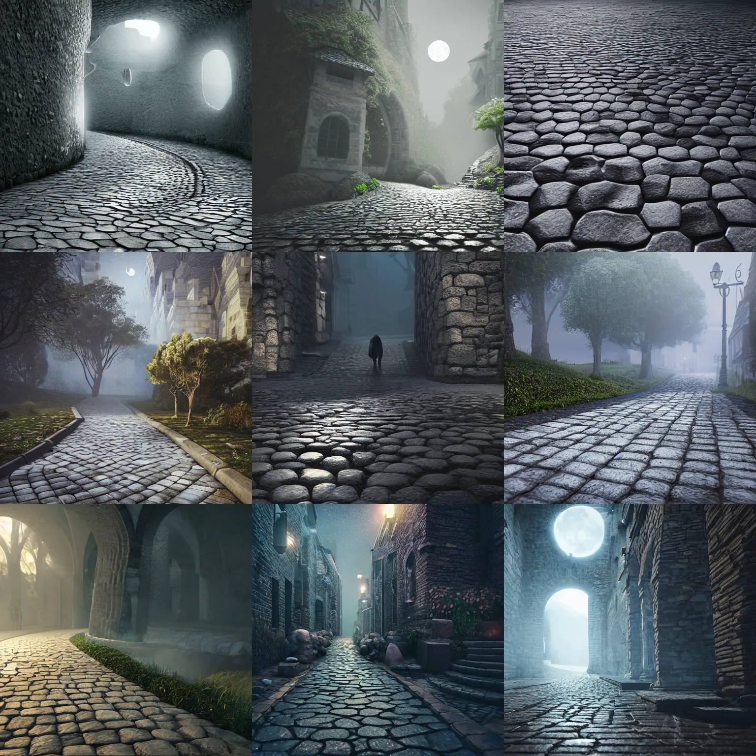 Prompt: cobblestone path to the moon,, intricate detail, volumetric lighting, epic composition, hyper detailed, ultra realistic, sharp focus, octane render, volumetric, ray tracing, sense of awe, swirling mist, 4 k