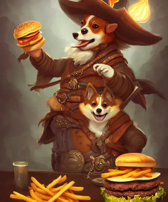 Image similar to a portrait of an anthropomorphic corgi pirate eating hamburgers and fries, restaurant in background, cute and adorable, dnd character art portrait, well rendered matte fantasy painting, deviantart artstation, by jason felix by steve argyle by tyler jacobson by peter mohrbacher, cinematic lighting