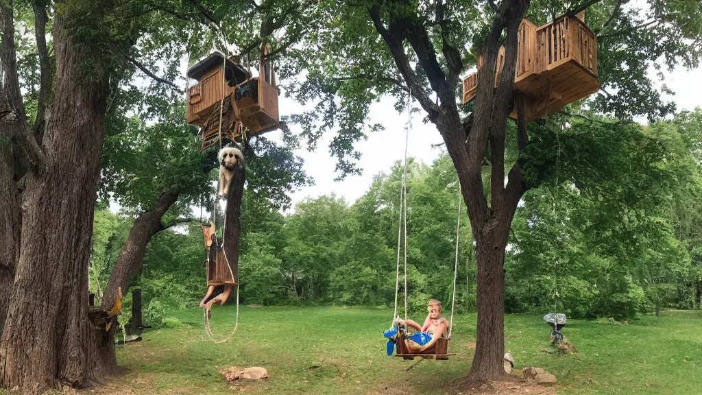 Prompt: a nice rope swing out of a tree house into the lake, and my dog did it better than all of us