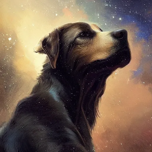 Prompt: portrait of a beautiful young dog falling into the stars by greg rutkowski, 4k, intricate details