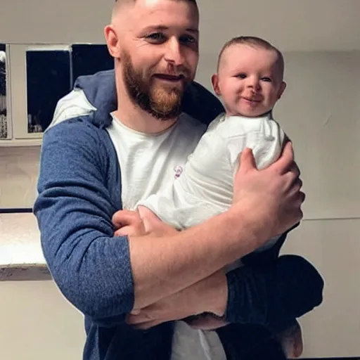 Image similar to a photo of a white man with a mid fade haircut that is happy with his 3 month year old baby boy.