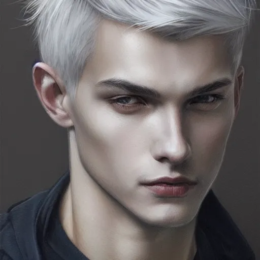 Image similar to ultra realistic illustration, young man with gray skin, short white hair, intricate, with dark clothes, elegant, highly detailed, digital painting, artstation, concept art, smooth, sharp focus, illustration, art by artgerm and greg rutkowski and alphonse mucha