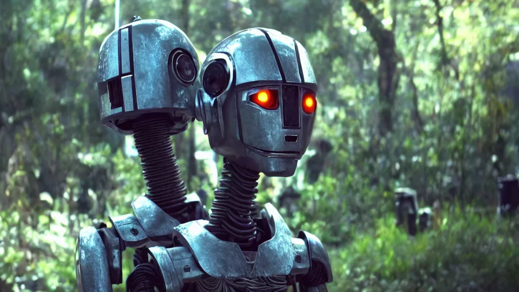 Image similar to film still from the movie chappie of the robot chappie shiny metal outdoor park plants scene bokeh depth of field furry anthro anthropomorphic stylized cat ears head android service droid robot machine fursona