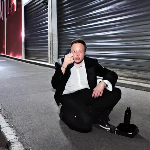 Image similar to Elon musk drinking out of a car battery in an alleyway at night