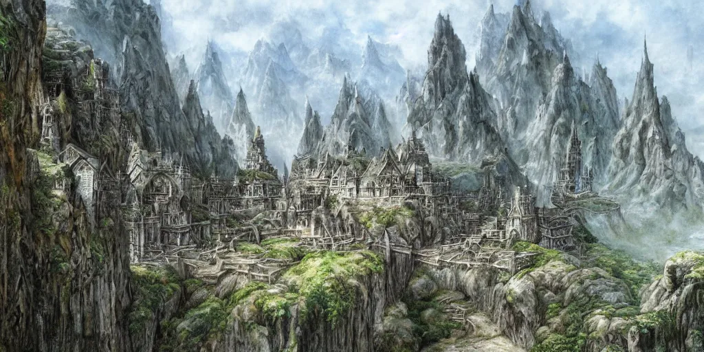 Image similar to an elven city built into the side of a cliff, pristine, by alan lee, lord of the rings, smooth, detailed terrain, oil painting, extremely detailed matte painting, trending on artstation