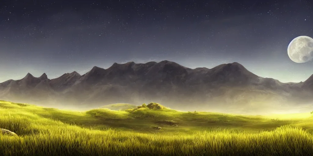 Prompt: Grassy fields with large mountains in the distance, nighttime, moon in the night sky, landscape wallpaper, d&d art, fantasy, painted, 4k, high detail, sharp focus