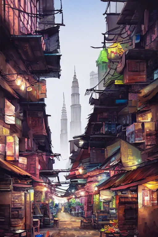 Prompt: backlane alley hawker street with kuala lumpur twin towers in the background, evening, highly detailed matte painting, studio ghibli, artstation