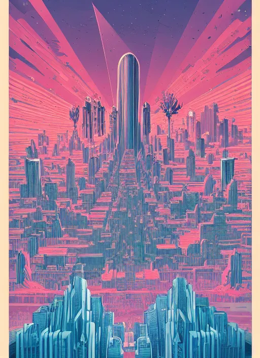 Prompt: drawing of a city with tall buildings, poster art by kilian eng, behance contest winner, psychedelic art, tesseract, dystopian art, parallax