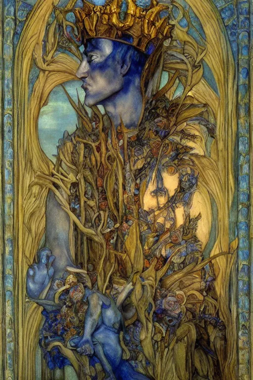 Image similar to the prince in his bone crown and regalia stands by the window at dusk,by Annie Swynnerton and Diego Rivera and Elihu Vedder, symbolist, dramatic lighting, elaborate geometric ornament, Art Brut, soft blues and greens,smooth, sharp focus, extremely detailed, Adolf Wölfli