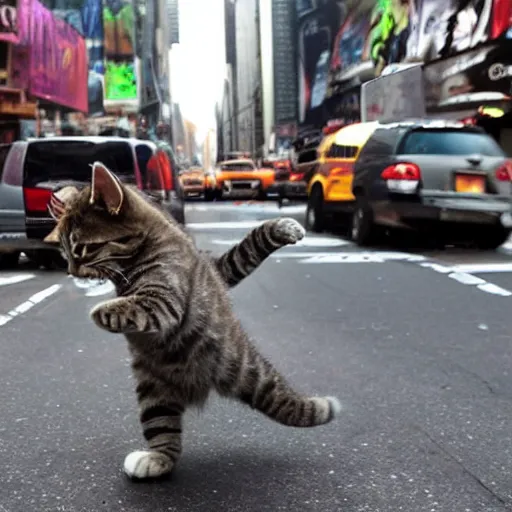 Image similar to giant kitten attacking new york city causing chaos and destruction