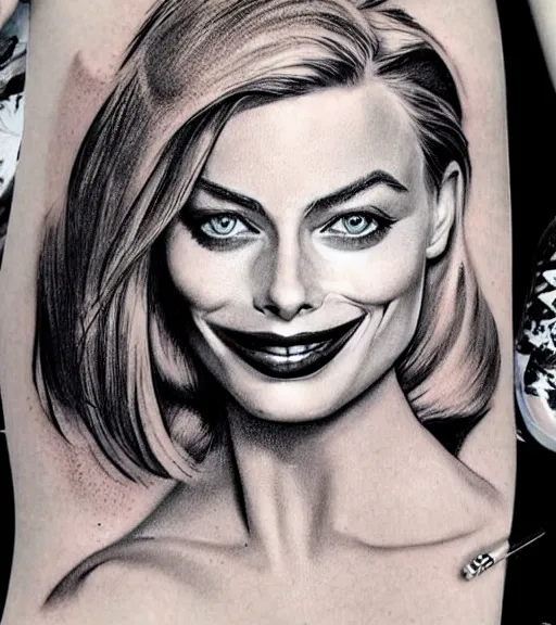 Image similar to tattoo design sketch of beautiful margot robbie portrait with joker makeup, in the style of den yakovlev, realistic face, black and white, faded outline, realism tattoo, hyper realistic, highly detailed