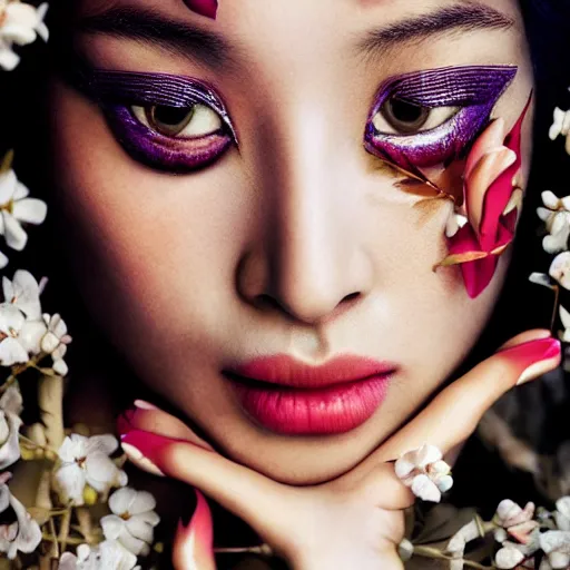 Image similar to photography of the asian queen sitting in the flower thorn, beautiful face, masterpiece costume, jewellery, high quality, elegant, emotionally touching, cool, deep gaze, mystery, tenderness kenneth willardt style